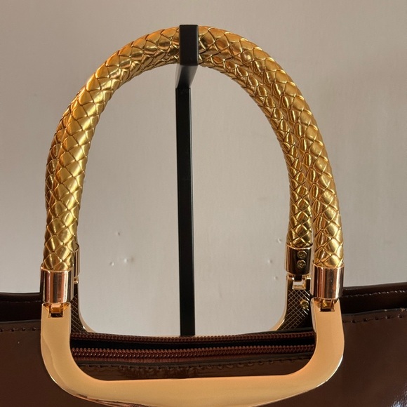 NWOT Elegant Evening Satchel Crossbody Bag Glossy Brown Zipper PU Leather Dusty - Picture 3 of 15